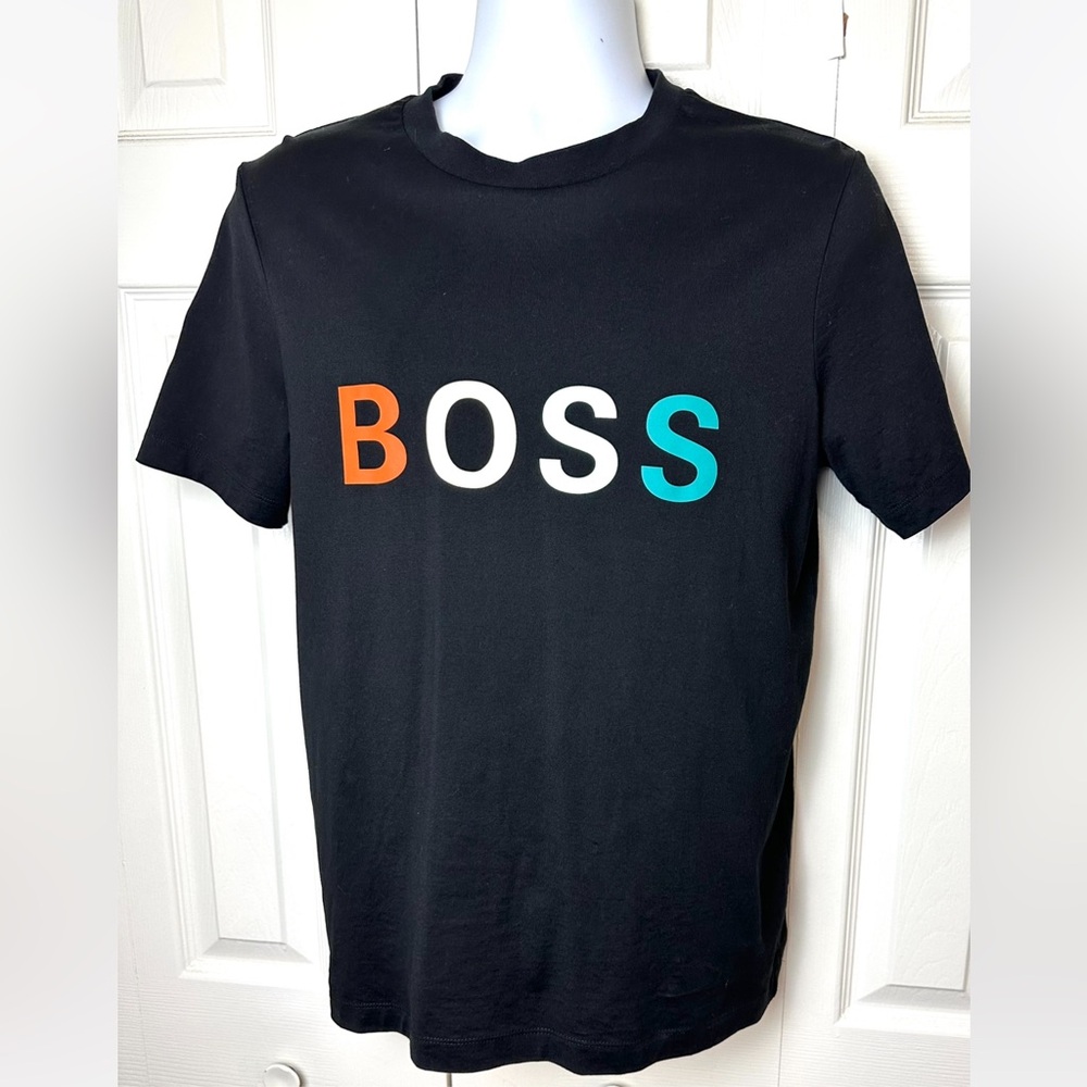 HUGO BOSS Multi Colored Logo Tee T-Shirt Short Sleeve Black Crewneck Blue Orange